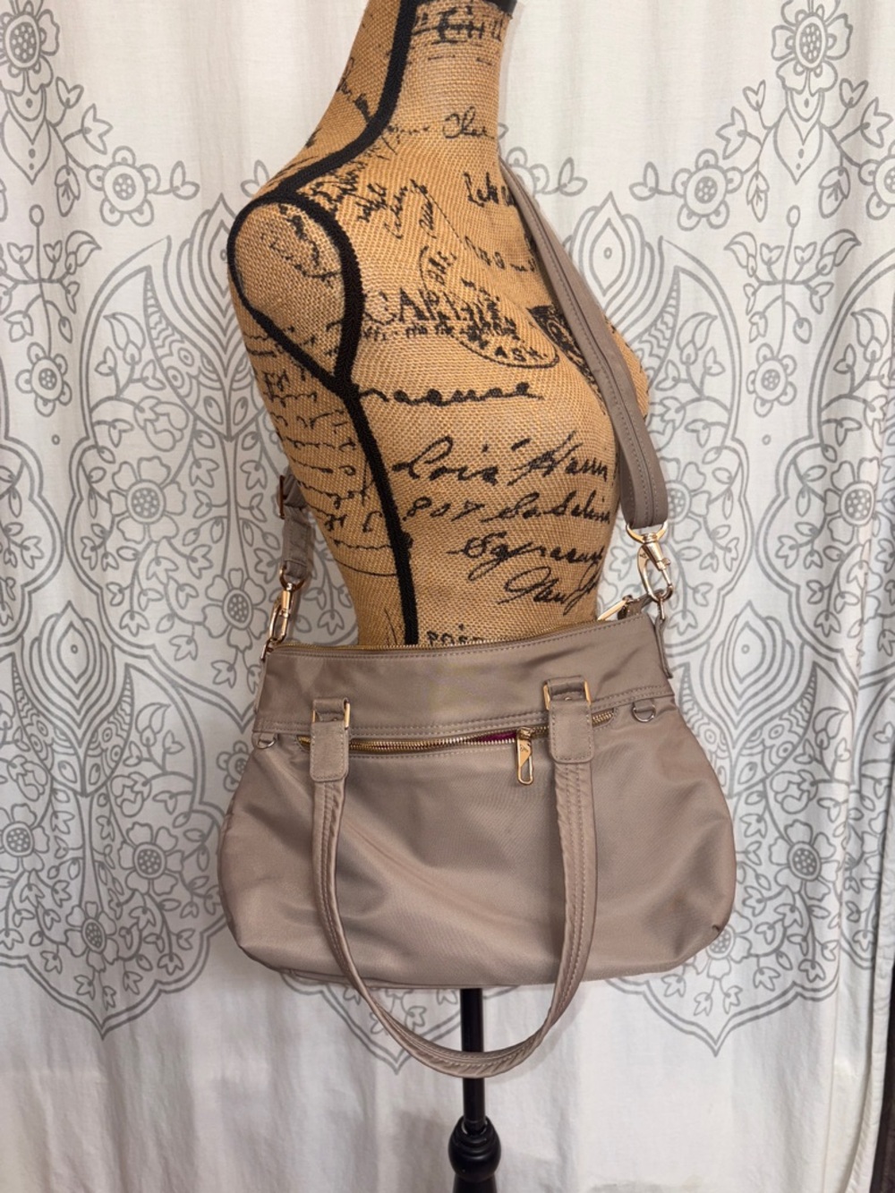 Travelon Anti Theft Taupe Shoulder Crossbody Bag with Goldtone Hardware